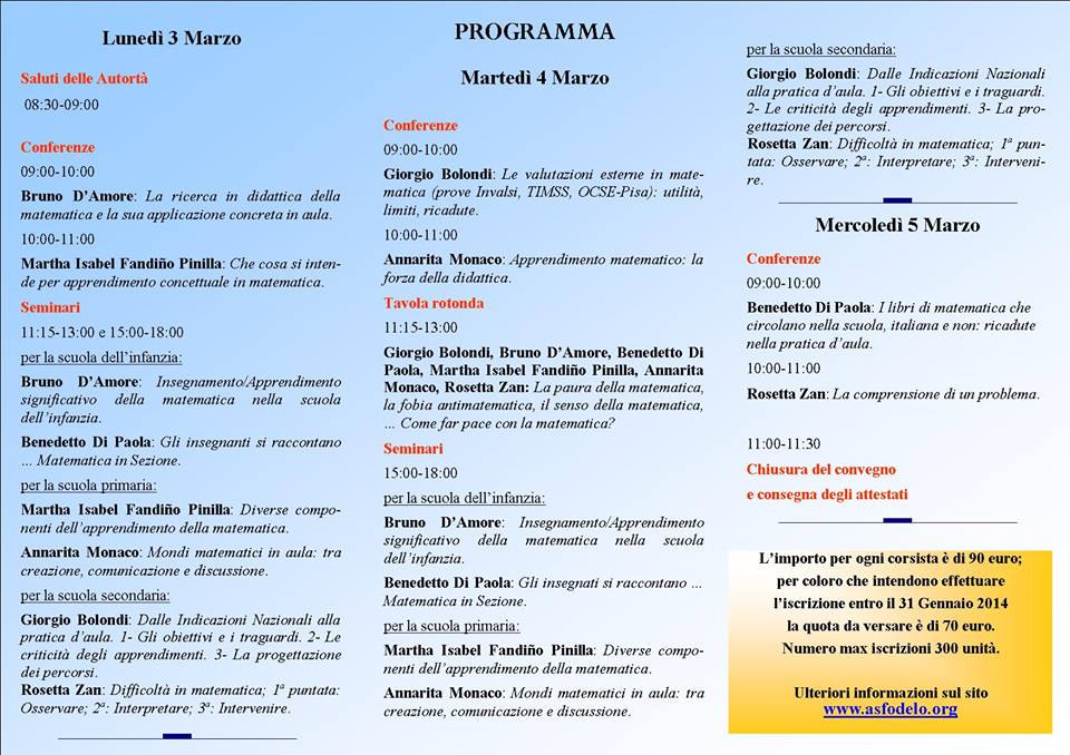 programma convegno nazionale La didattica della matematica strumenti per capire e per intervenire  3 4 5 marzo 2014  Tricase