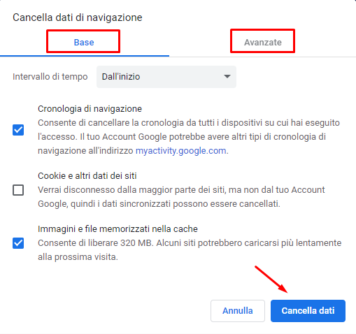 Cancellare cronologia siti web Google ricerche Chrome eliminare cookie immagini dati navigazione