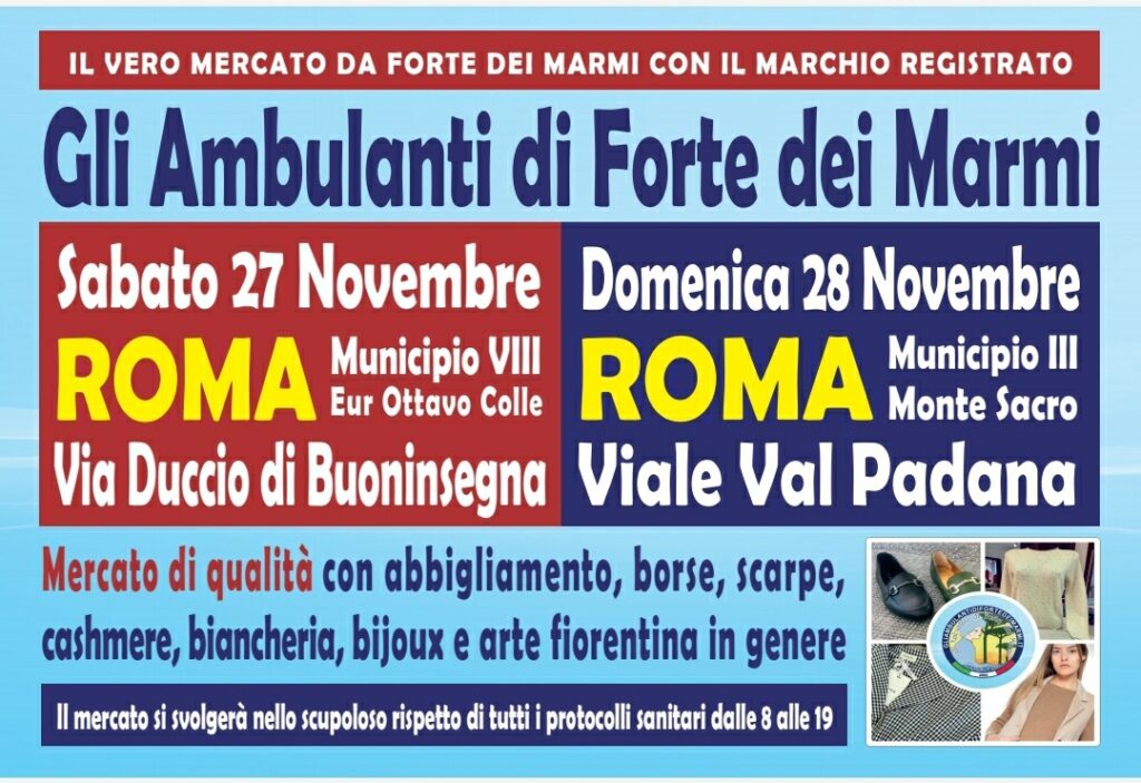 Gli Ambulanti di Forte dei Marmi a Roma EUR Conca oro 27 28 novembre 2021 location banchi orario